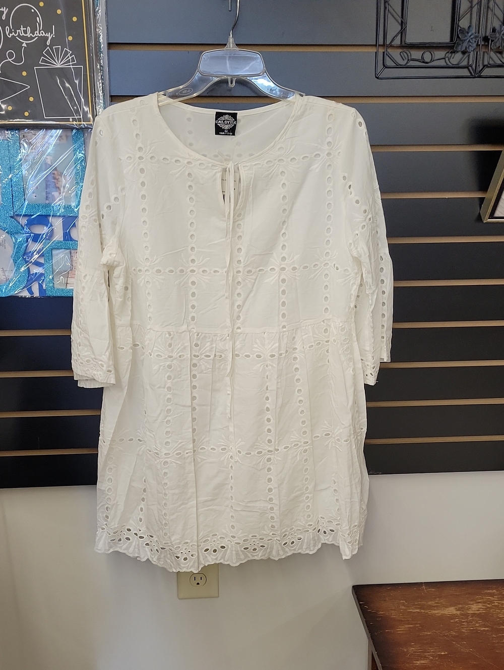 Classic White Eyelet Long-Sleeve Dress with Tie Neck